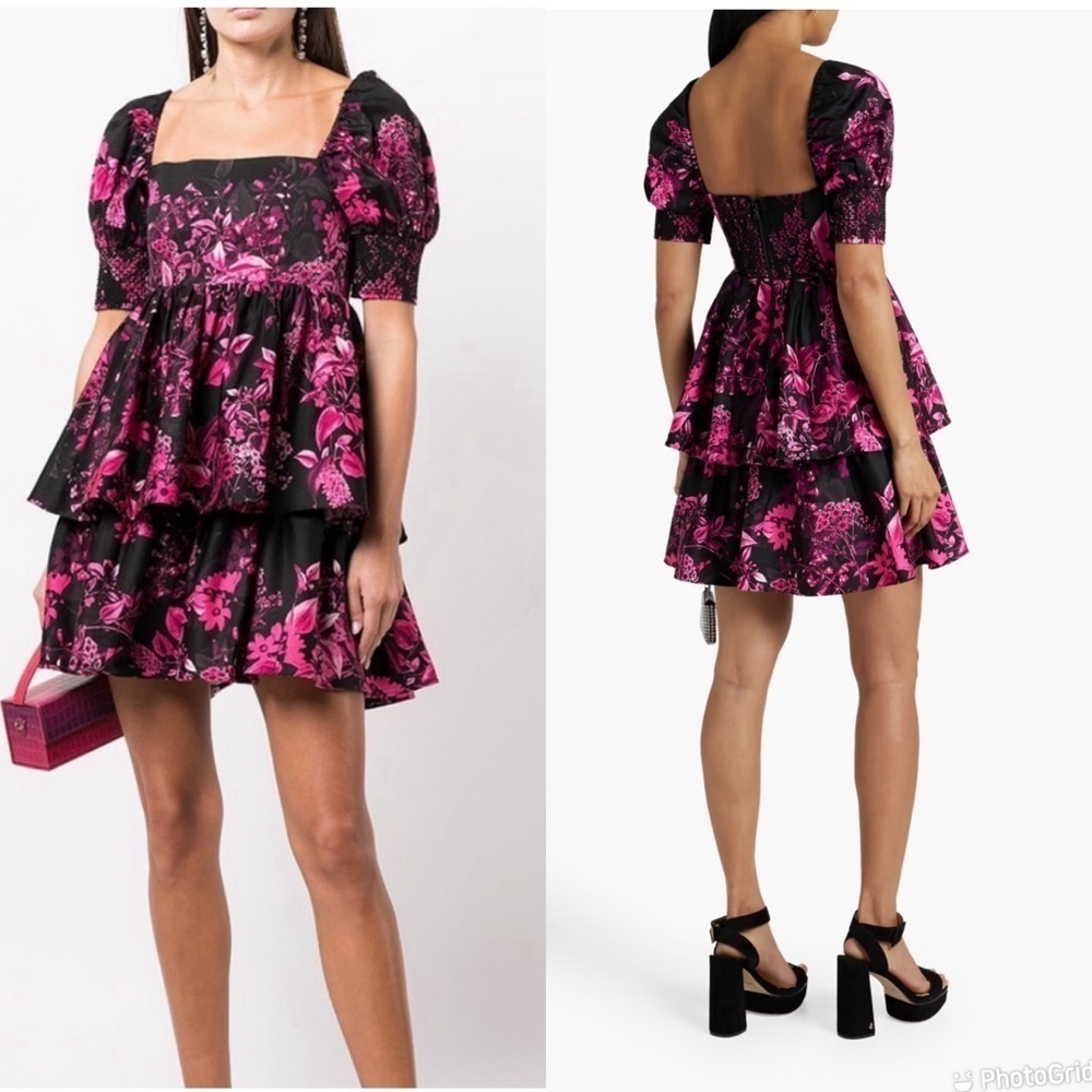 Alice + Olivia Floral Square Neck Smocked Dress